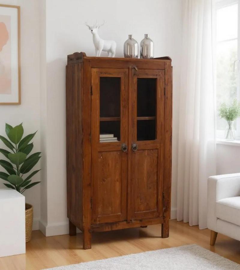 SOLID RECLAIMED TEAK WOOD & GLASS CABINET