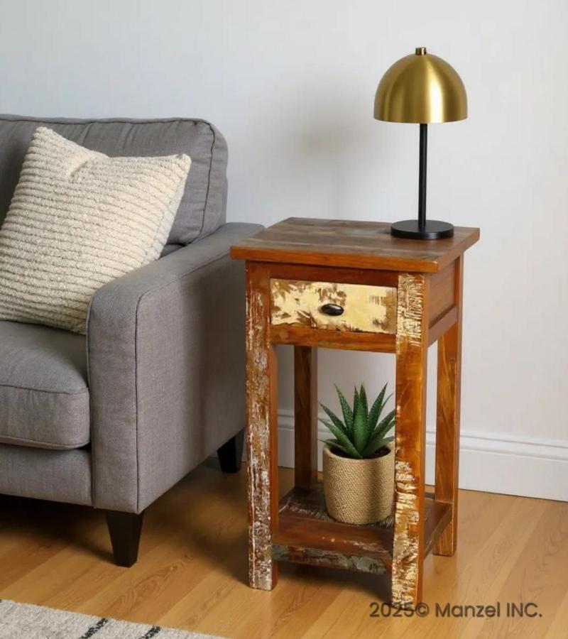 SOLID RECLAIMED TEAK WOOD END TABLE W/ DRAWER