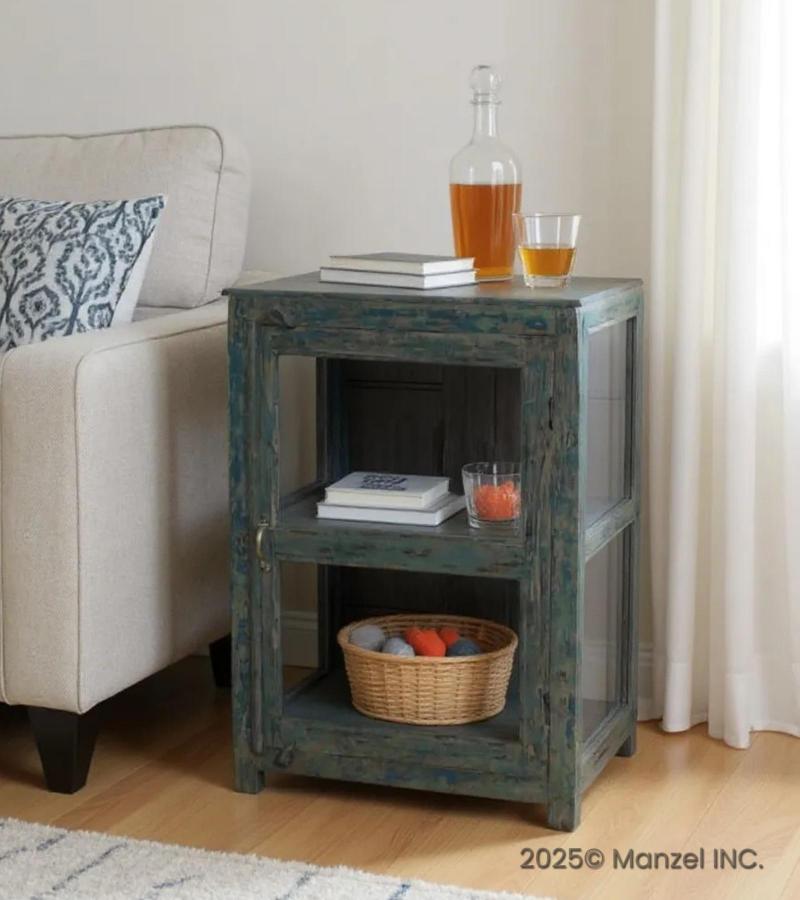 VINTAGE RECLAIMED TEAK & GLASS CABINET