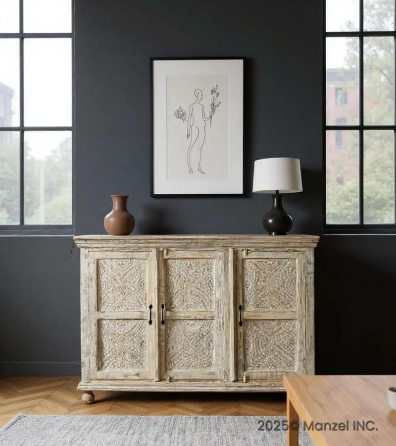 HAND CARVED SOLID RECLAIMED WOOD SIDEBOARD 3 DOORS