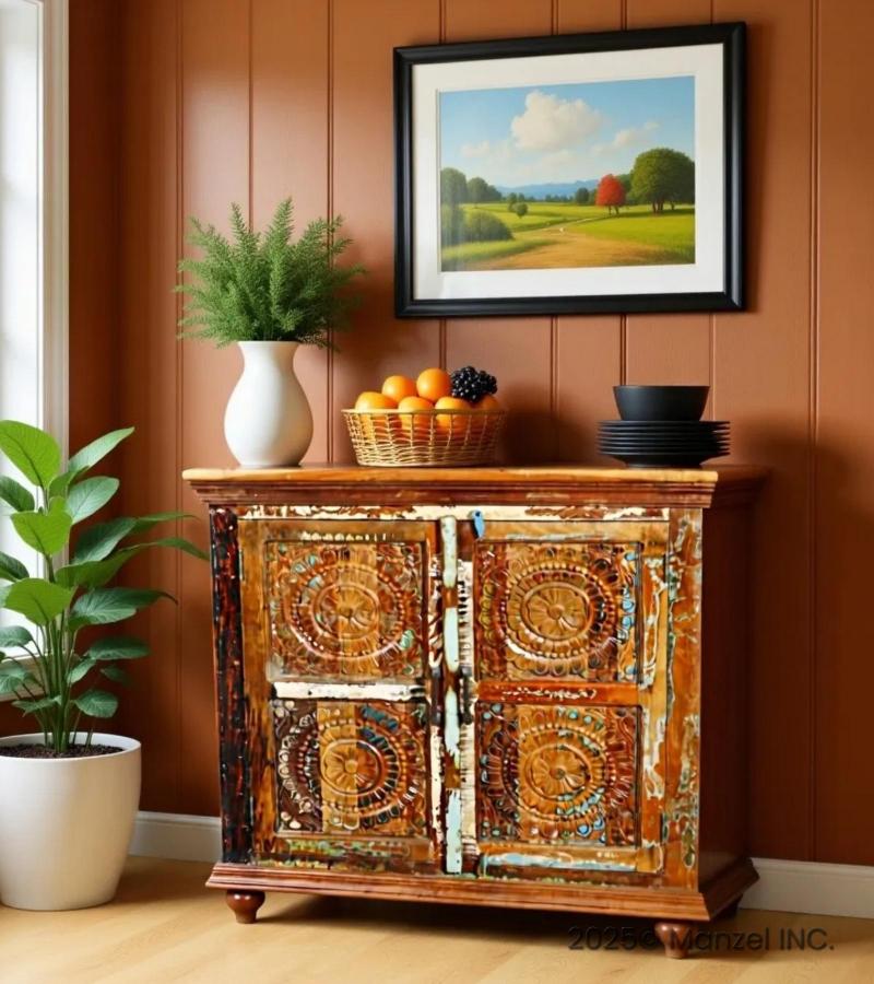HAND CARVED SOLID RECLAIMED TEAK WOOD CABINET
