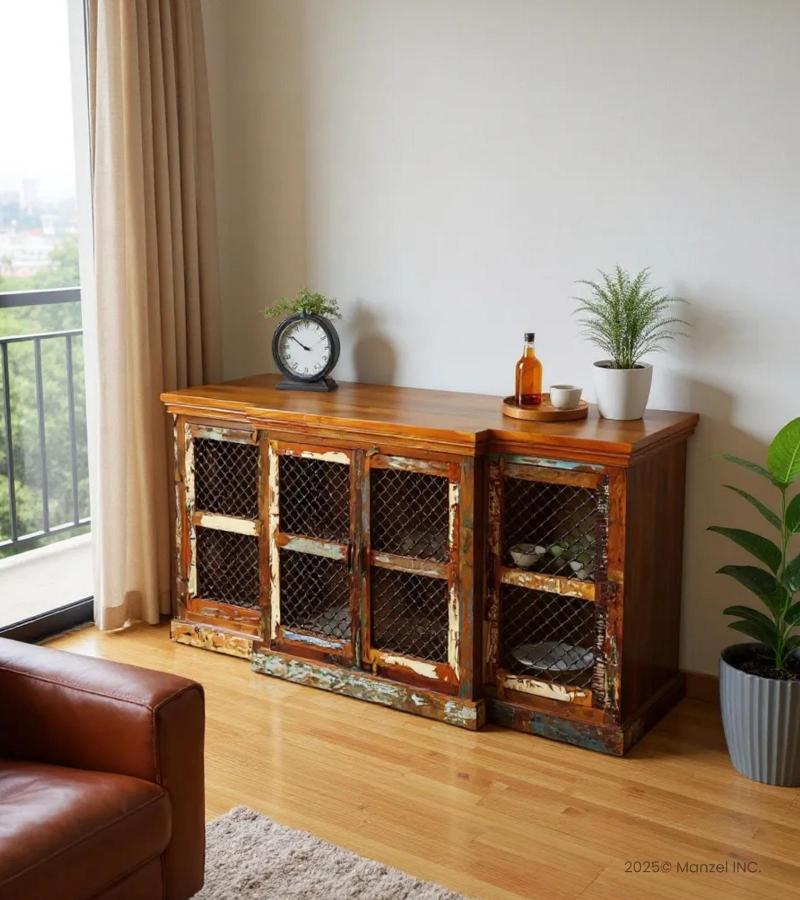 SOLID RECLAIMED TEAK WOOD, GLASS & MESH SIDEBOARD