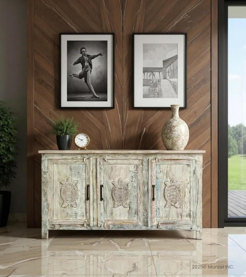 SOLID RECLAIMED TEAK WOOD SIDEBOARD CABINET W/ CARVED TURTLES
