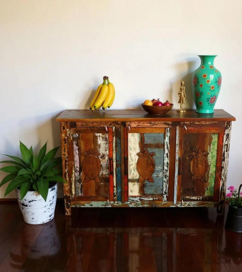 SOLID RECLAIMED TEAK WOOD SIDEBOARD W/ CARVED TURTLES