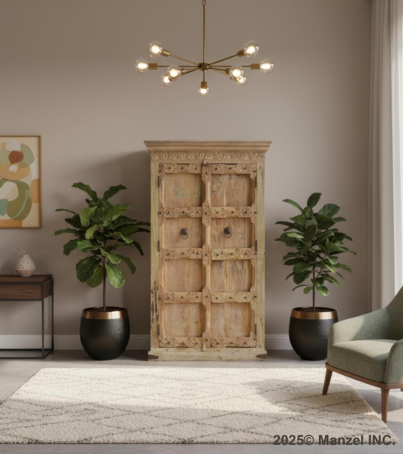 SOLID RECLAIMED CARVED TEAK WOOD CABINET WITH 2 DOORS & SHELVES