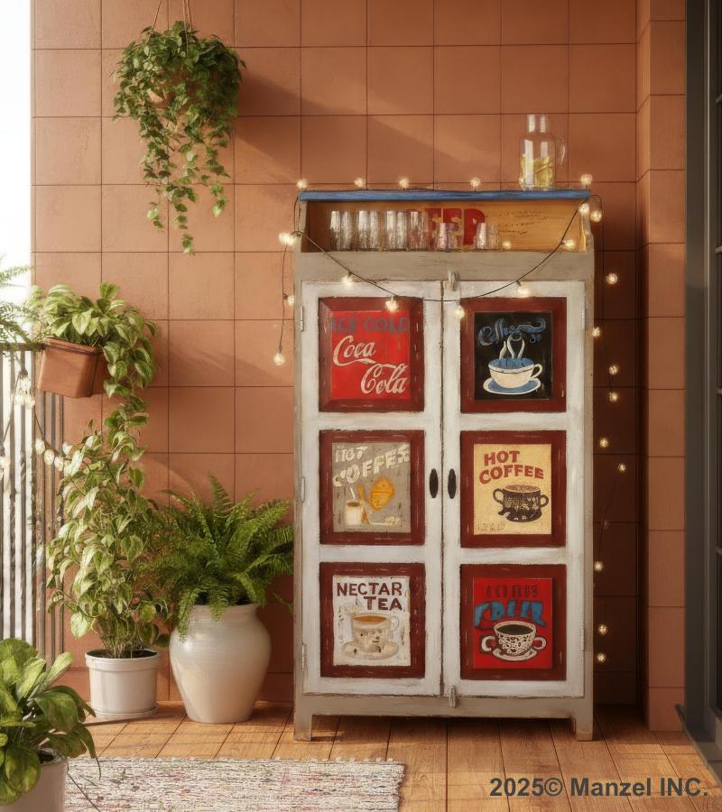 SOLID WOOD HAND PAINTED ADVERTISING 2 DOOR STORAGE CABINET