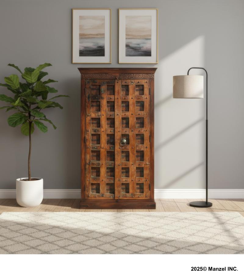 STUNNING RECLAIMED TEAK WITH DECORATIVE METAL STORAGE CABINET