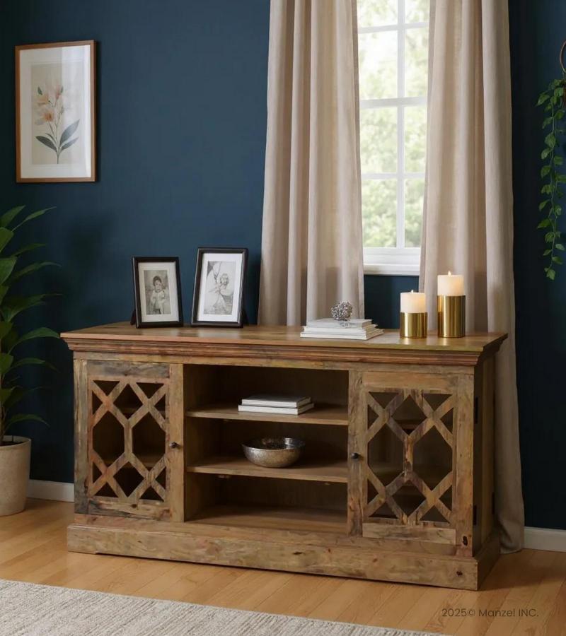 SOLID WOOD & GLASS MEDIA CABINET SIDEBOARD