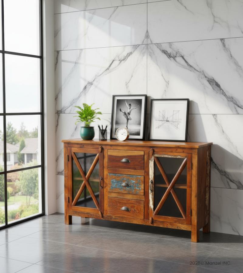 SOLID RECLAIMED TEAK WOOD & GLASS W/ 3 DRAWERS & 2 DOORS
