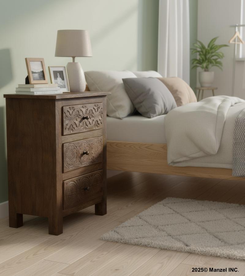 SOLID HAND CARVED WOOD NIGHTSTAND / END TABLE 3 DRAWERS