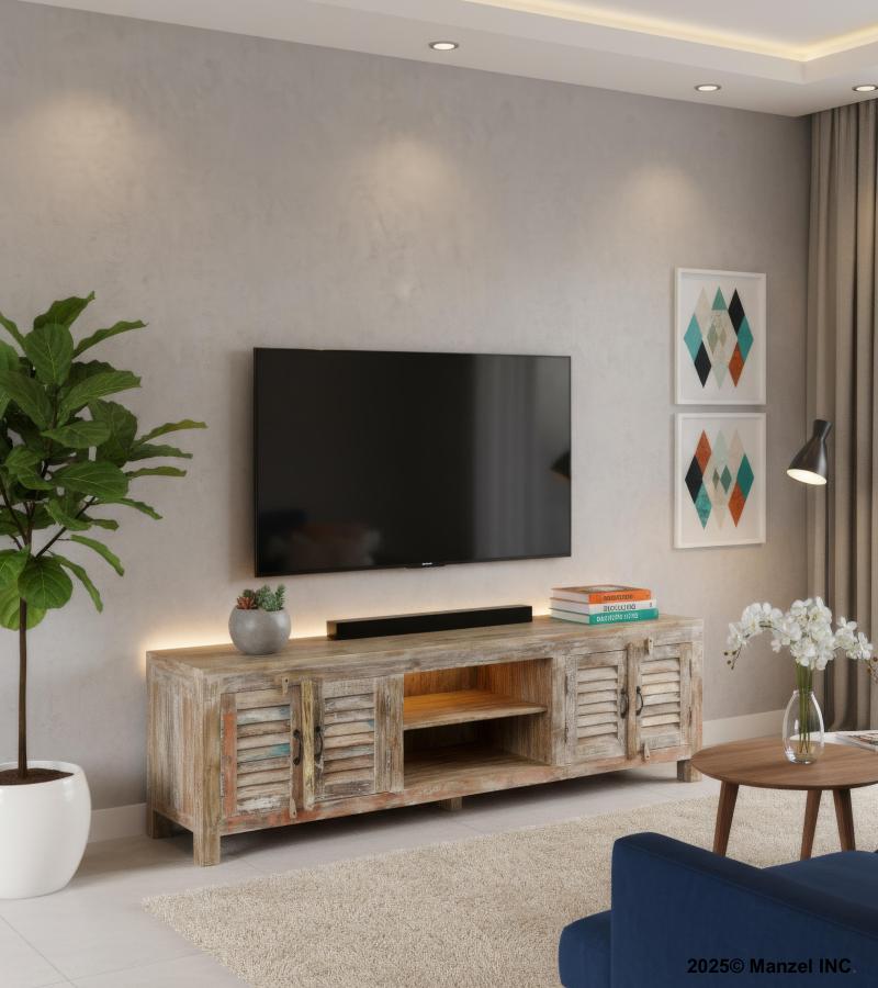 SOLID RECLAIMED TEAK WOOD MEDIA CENTER CONSOLE W/ 4 DOORS