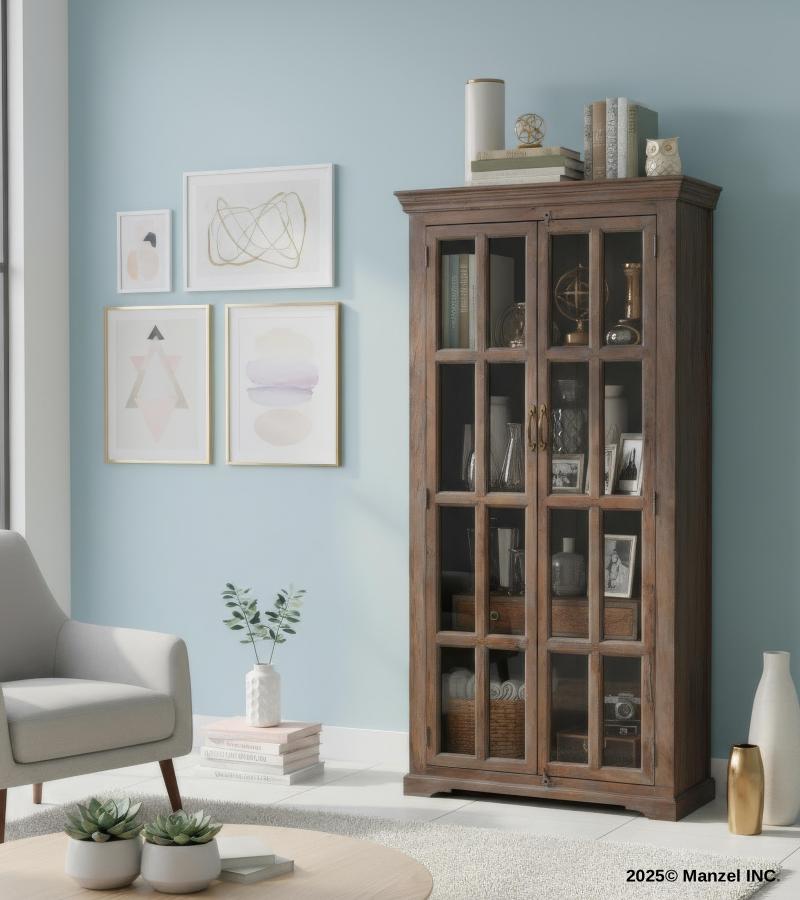 SOLID WOOD & GLASS DISPLAY CABINET W/ 2 DOORS & GLASS SIDES