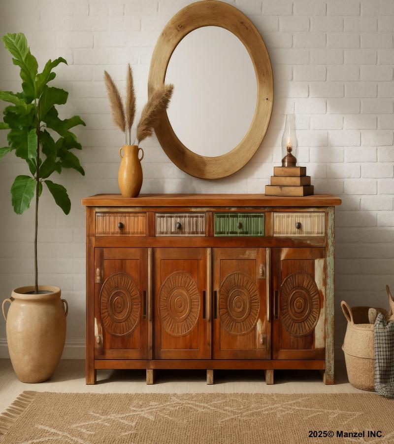 SOLID RECLAIMED HAND CARVED TEAK WOOD SIDEBOARD CABINET W/ 4 DRAWERS & 4 DOORS