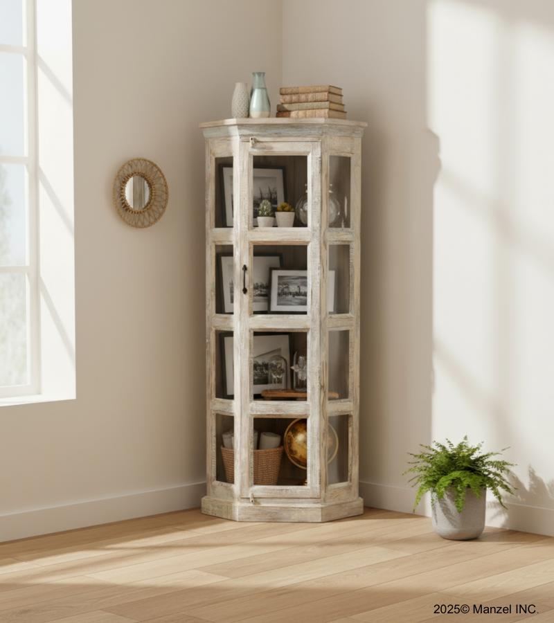 SOLID RECLAIMED TEAK WOOD & GLASS CORNER CABINET