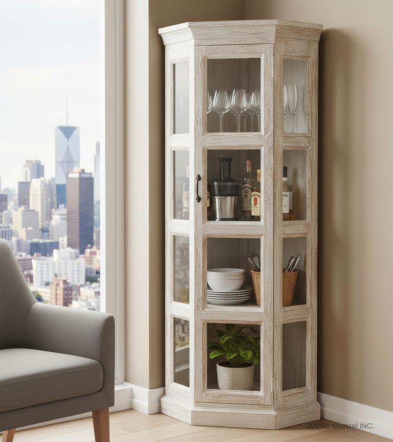 SOLID RECLAIMED TEAK WOOD & GLASS CORNER CABINET