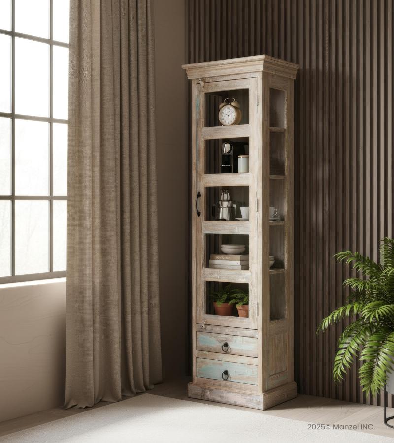 SOLID RECLAIMED TEAK WOOD & GLASS DISPLAY CASE TOWER WITH 2 DRAWERS