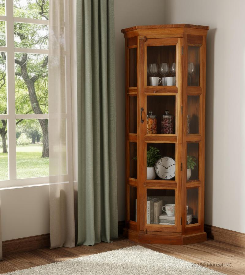 SOLID RECLAIMED TEAK WOOD & GLASS CORNER CABINET