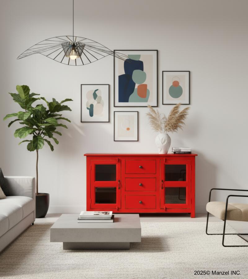 SOLID RECLAIMED TEAK & GLASS 2 DOOR, 3 DRAWER  CABINET CONSOLE SIDEBOARD