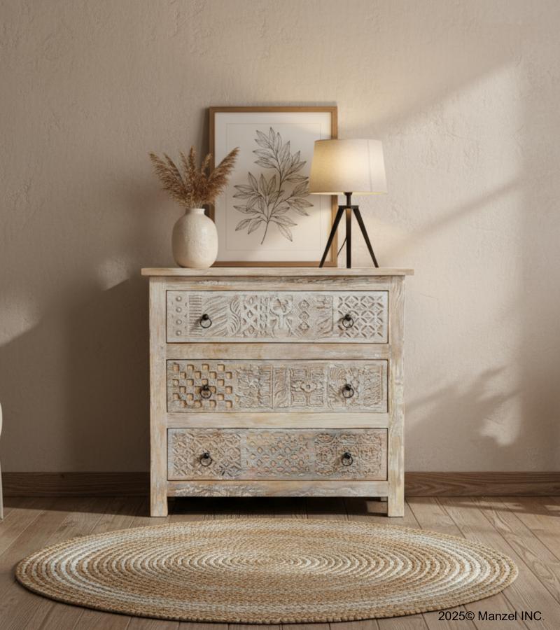 SOLID RECLAIMED TEAK WOOD HAND CARVED DRESSER BUREAU CABINET 3 DRAWERS