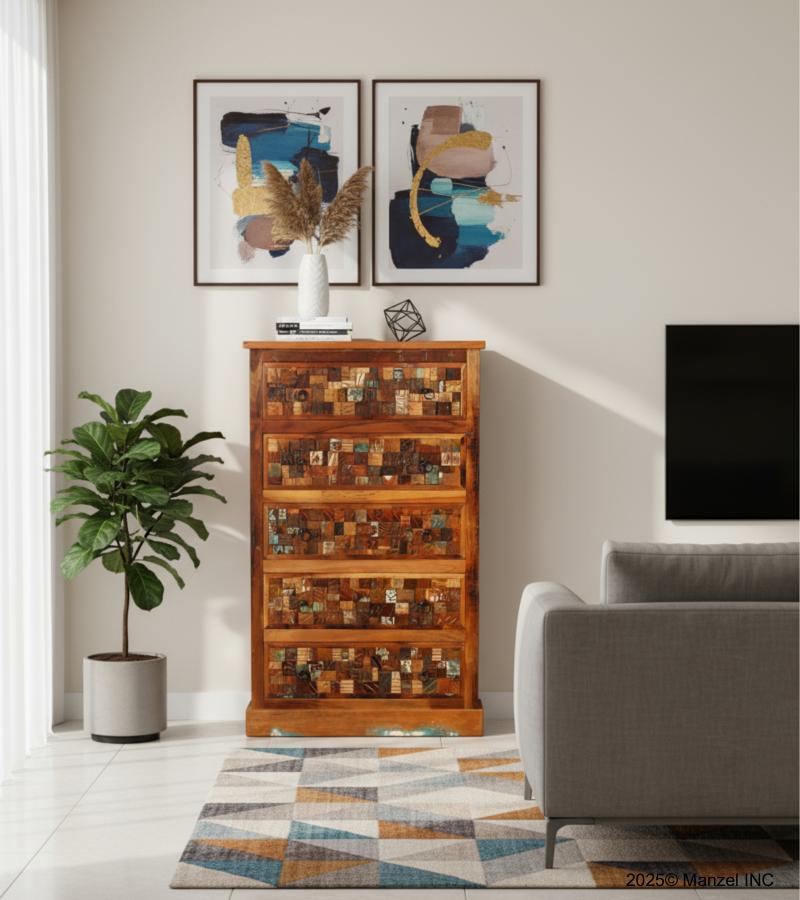 Solid Reclaimed Teak Wood Dresser Bureau Chest w/ Carved Detail