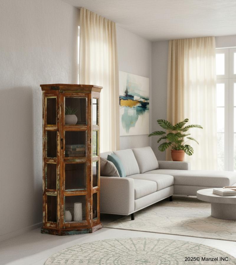 SOLID RECLAIMED TEAK WOOD & GLASS CORNER CABINET