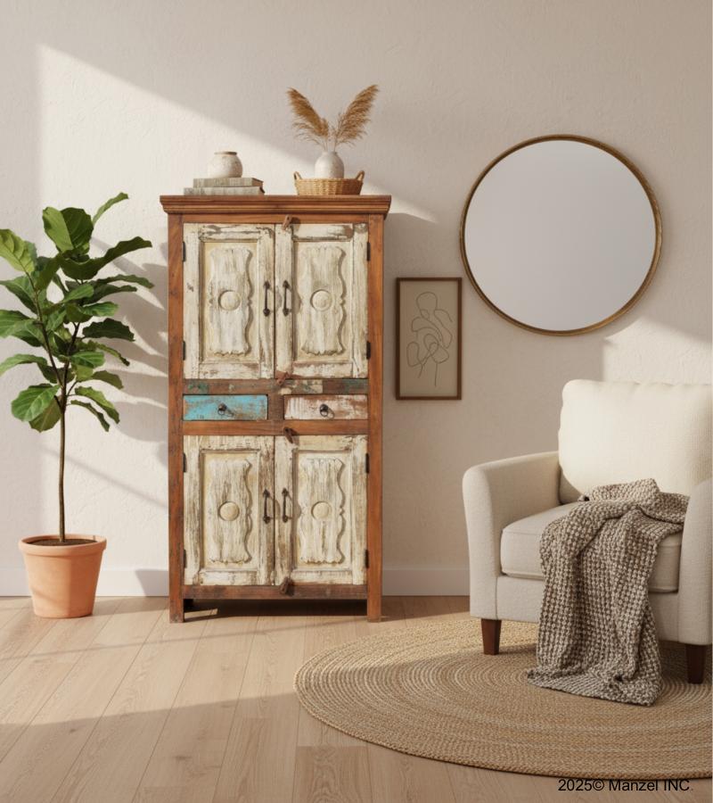 SOLID RECLAIMED TEAK WOOD 4 DOOR, 2 DRAWER CABINET