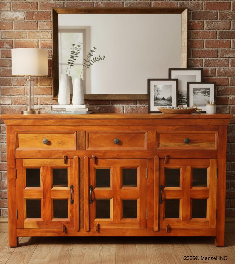 SOLID RECLAIMED TEAK & GLASS 3 DOOR, 3 DRAWER  CABINET CONSOLE SIDEBOARD