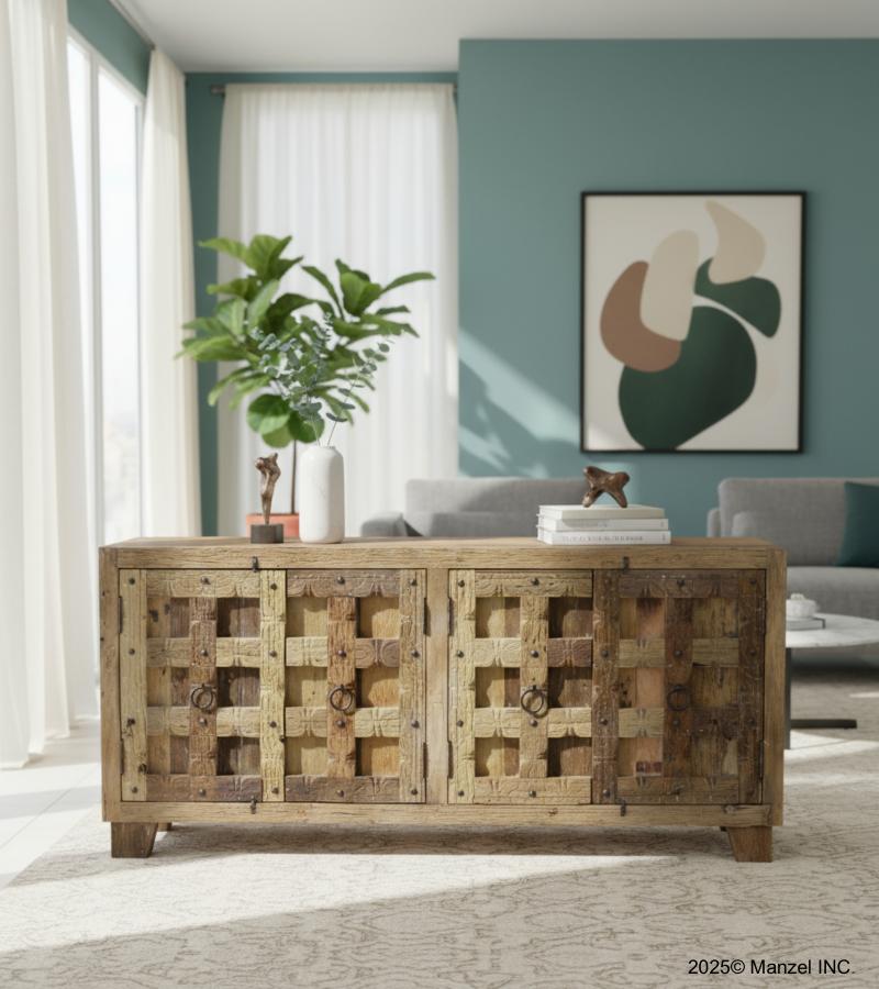 RUSTIC SOLID WOOD W/ METAL DETAILS SIDEBOARD 4 DOORS