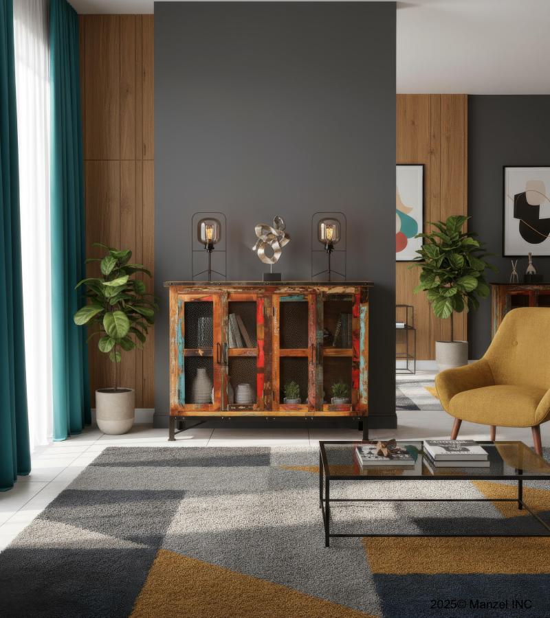 SOLID RECLAIMED TEAK WOOD & GLASS SIDEBOARD & CABINET