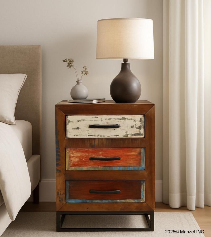 SOLID RECLAIMED TEAK WOOD END TABLE / NIGHTSTAND 3 DRAWERS