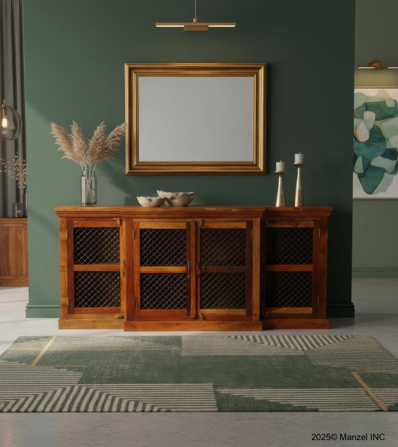 SOLID RECLAIMED TEAK WOOD 4 DOOR W/ MESH INSERT SIDEBOARD