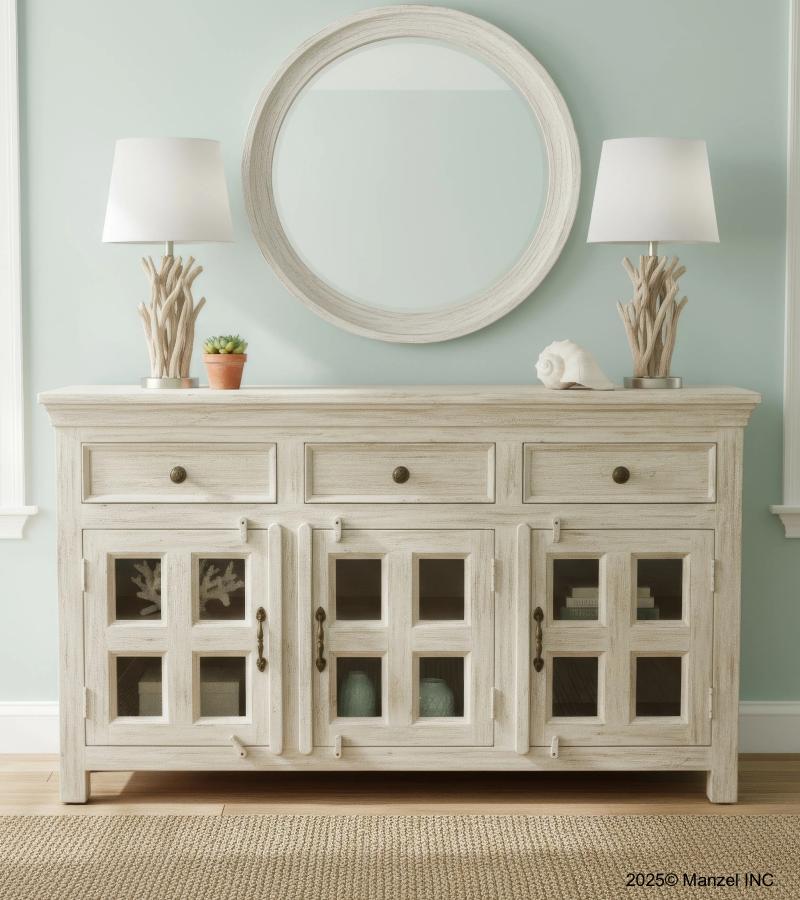 SOLID RECLAIMED TEAK WOOD & GLASS SIDEBOARD CABINET WITH 3 DOORS & 3 DRAWERS