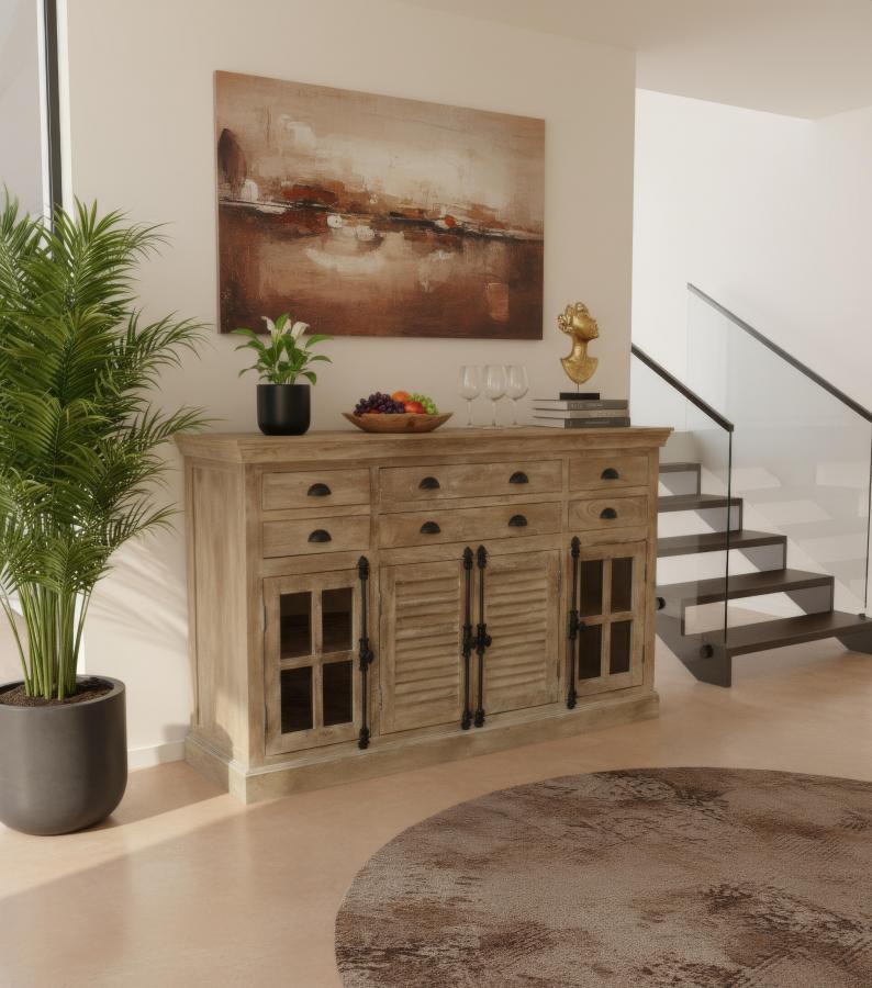 SOLID WOOD, GLASS & METAL SIDEBOARD W/ 8 DRAWERS & 4 DOORS