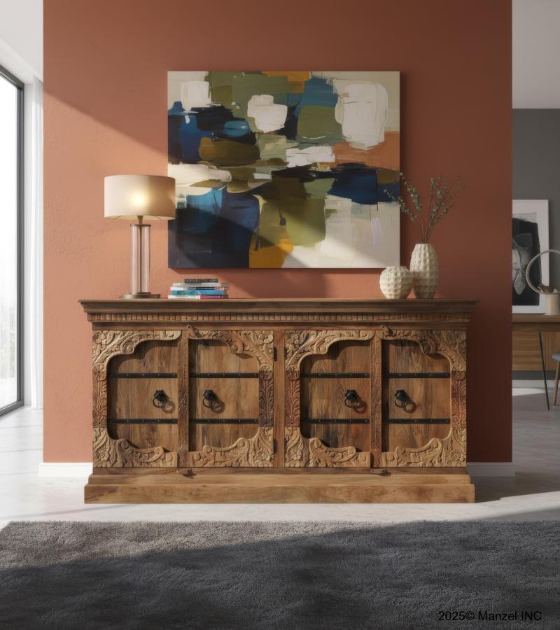 HAND CARVED SOLID WOOD SIDEBOARD W/ METAL ACCENTS