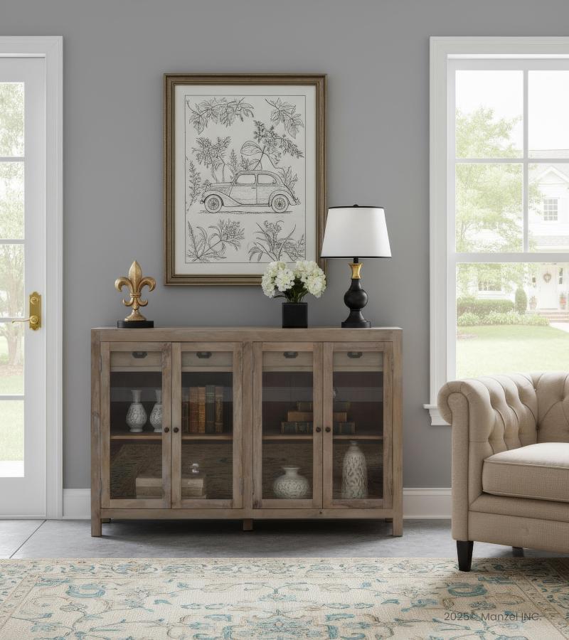 SOLID WOOD & GLASS 4 DOOR SIDEBOARD W/ DRAWERS