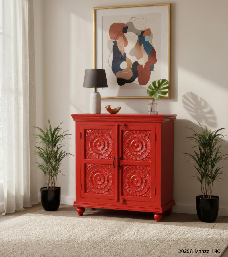 SOLID HAND CARVED RECLAIMED TEAK 2 DOOR DECORATIVE STORAGE CABINET