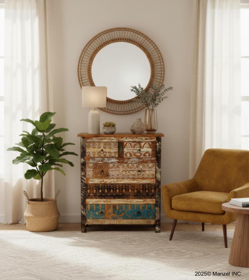 SOLID RECLAIMED TEAK WOOD HAND CARVED DRESSER BUREAU CABINET 5 DRAWERS