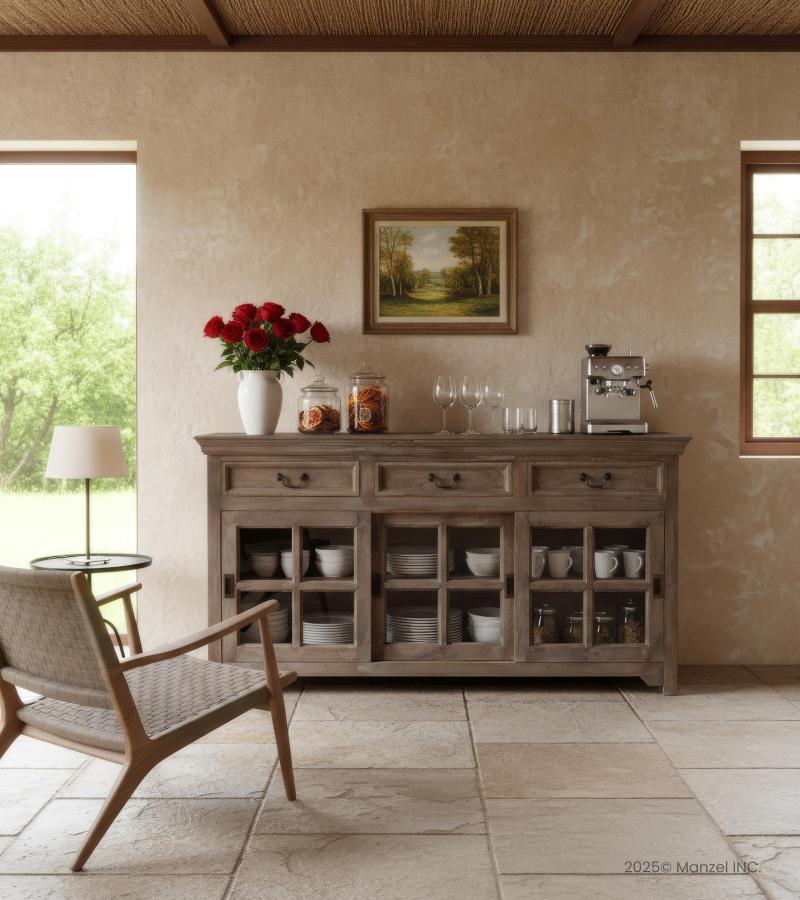 TRADITIONAL SOLID WOOD 3 DOOR SLIDERS WITH DRAWERS SIDEBOARD