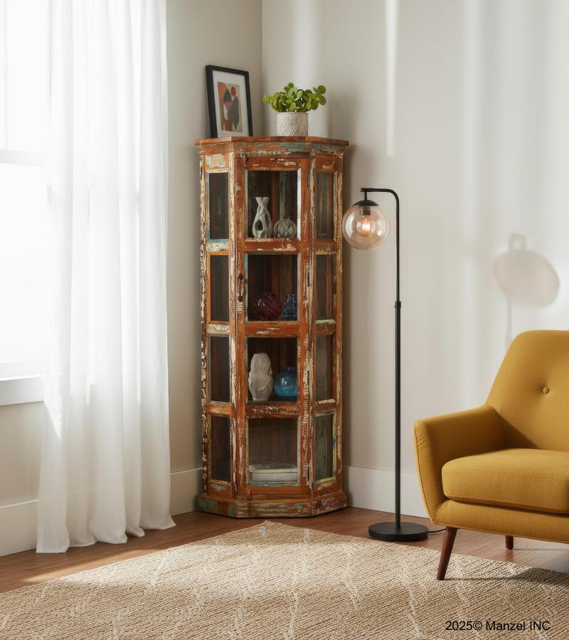 SOLID RECLAIMED TEAK WOOD & GLASS CORNER CABINET