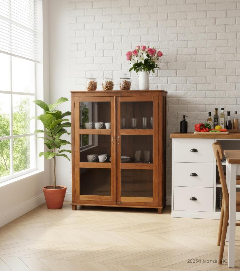 VINTAGE RECLAIMED TEAK & GLASS CABINET