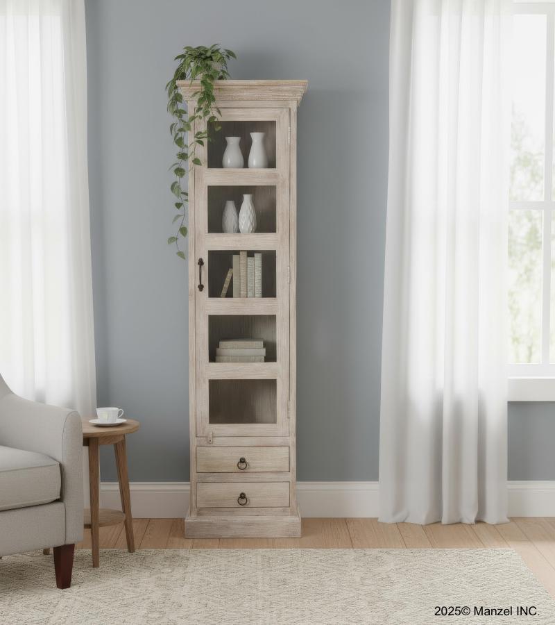 SOLID RECLAIMED TEAK WOOD & GLASS DISPLAY CASE TOWER WITH 2 DRAWERS