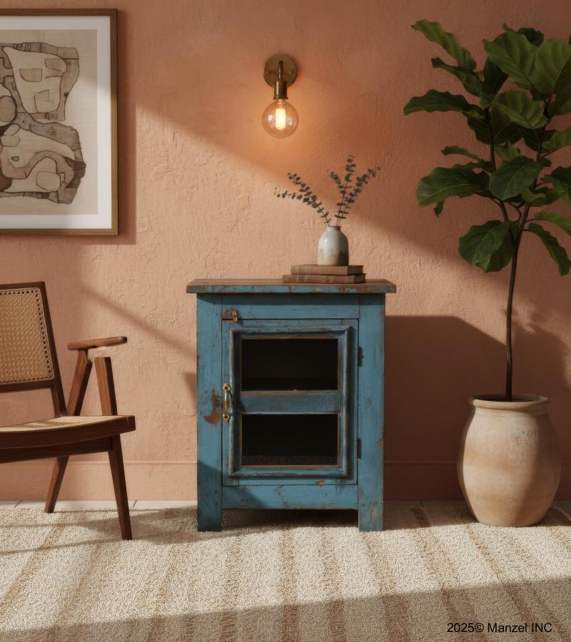 VINTAGE RECLAIMED TEAK & GLASS CABINET