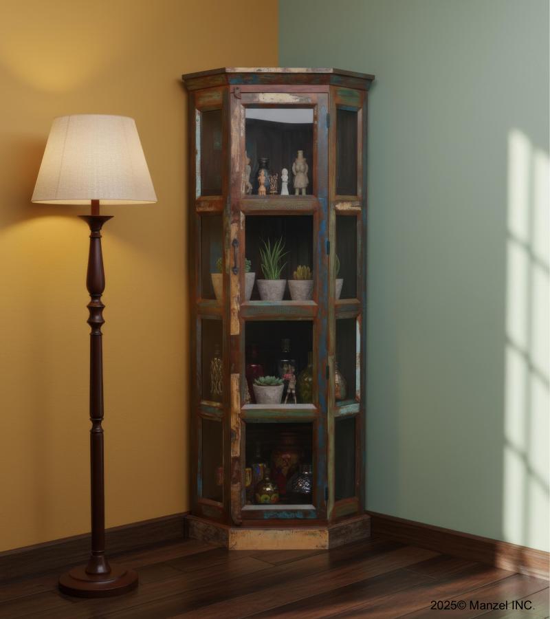 SOLID RECLAIMED TEAK WOOD & GLASS CORNER CABINET