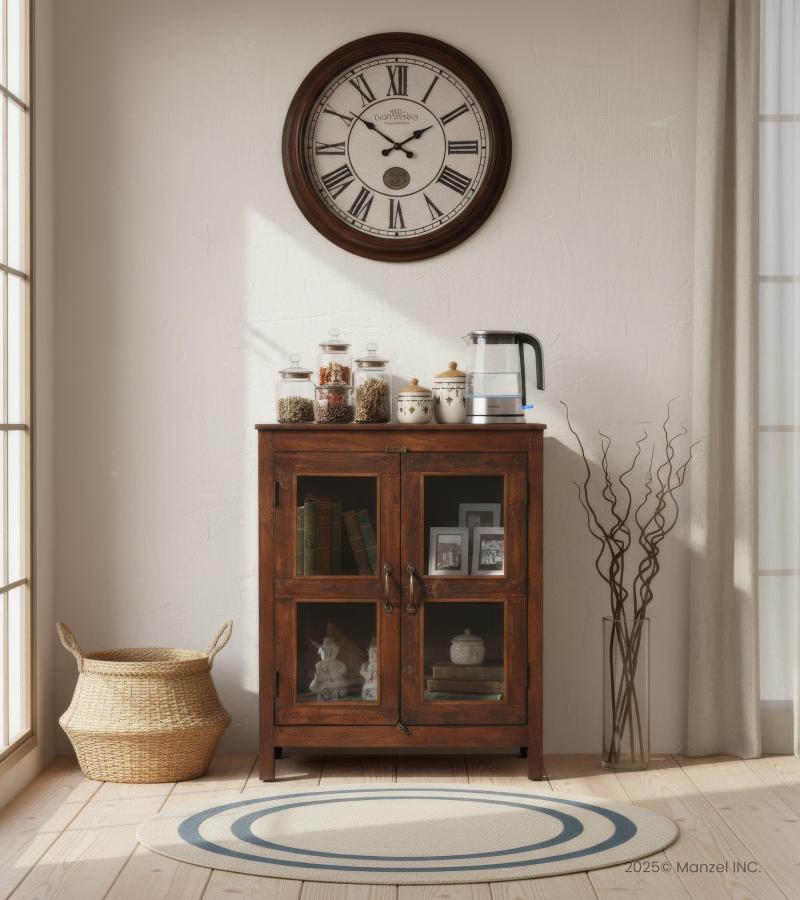 VINTAGE RECLAIMED TEAK & GLASS CABINET