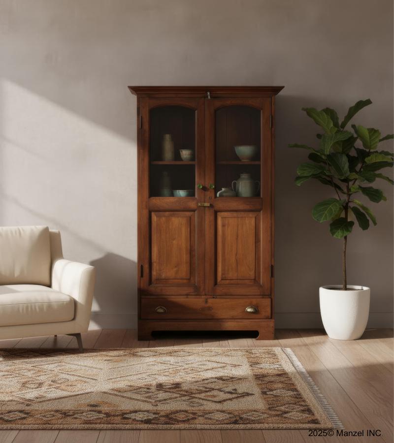 VINTAGE RECLAIMED TEAK & GLASS CABINET W/ SHELVES