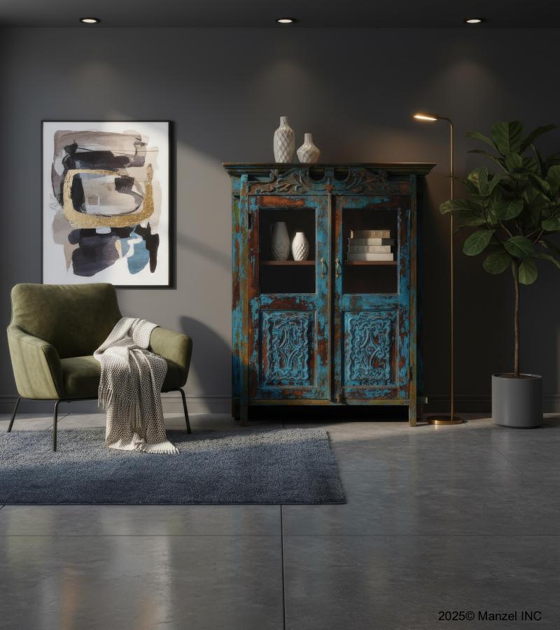 SOLID RECLAIMED TEAK WOOD & GLASS CABINET