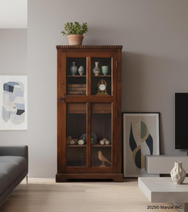 VINTAGE RECLAIMED TEAK & GLASS CABINET W/ SHELVES