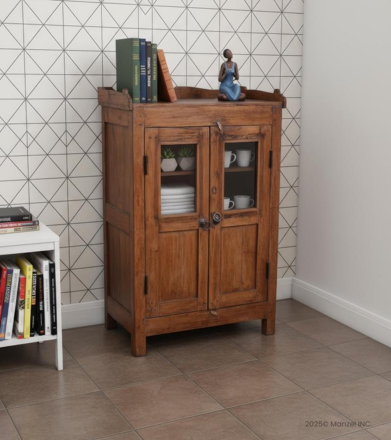 VINTAGE RECLAIMED TEAK & GLASS CABINET
