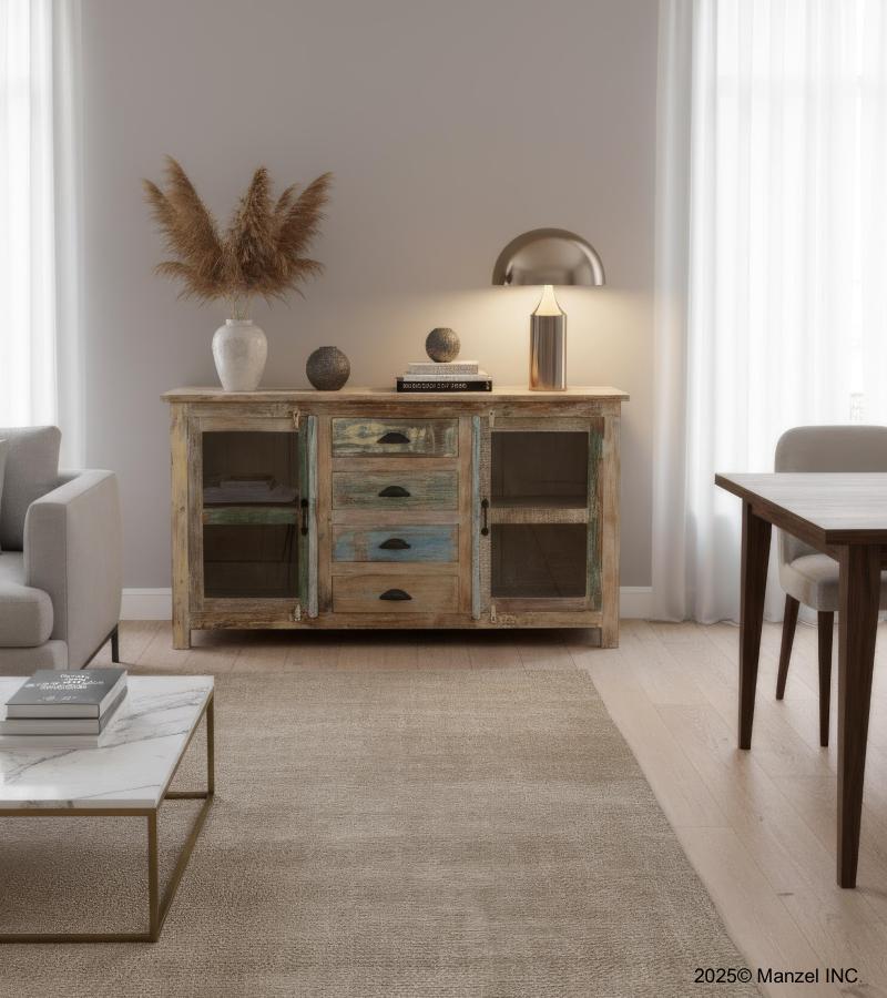 SOLID RECLAIMED TEAK WOOD & GLASS W/ 4 DRAWERS & 2 DOORS