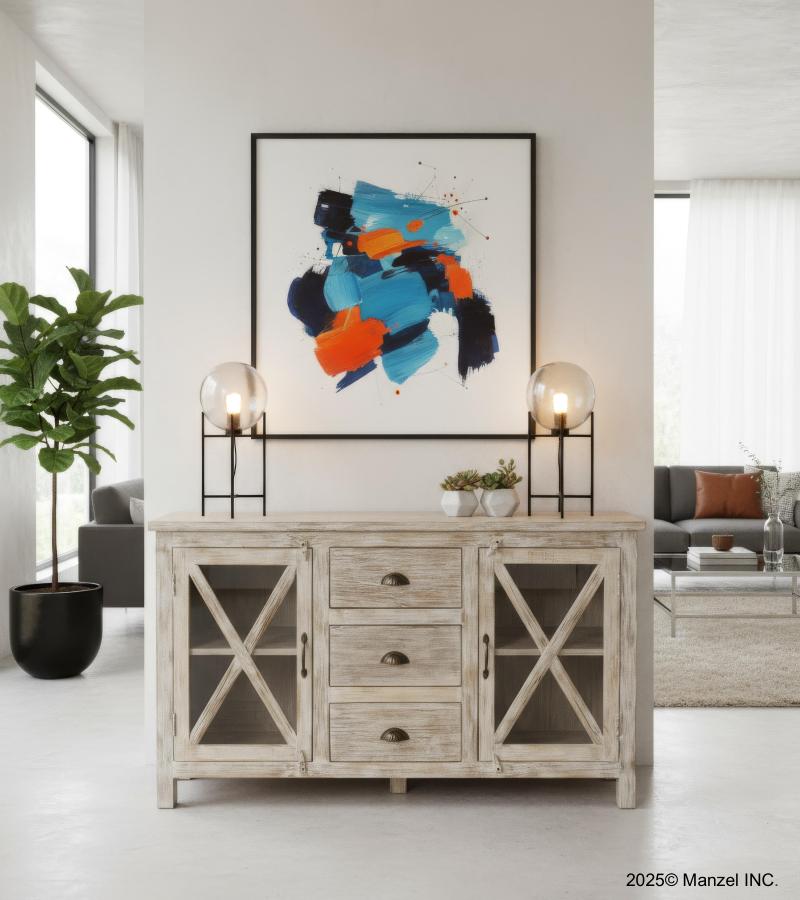 SOLID RECLAIMED TEAK WOOD & GLASS SIDEBOARD W/ DRAWERS & DOORS